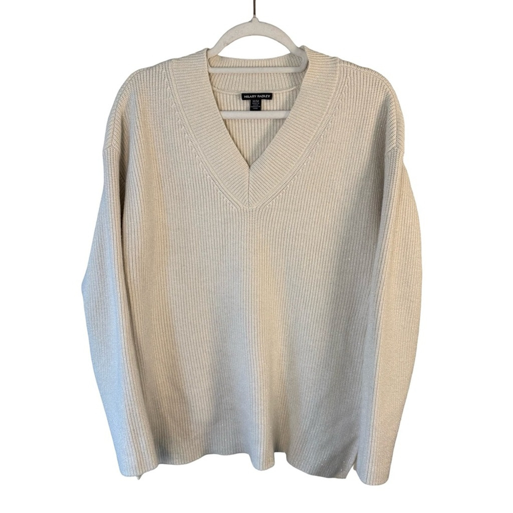 Hilary Radley V-Neck Cream & Silver Metallic Sweater Size M Shimmer Neutral - Picture 2 of 14